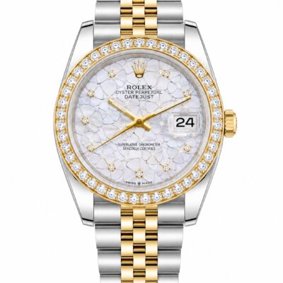 Super Clone Rolex Datejust 36 MM White Floral Diamond Dial Jubilee Bracelet Yellow Gold Two Tone Diamond Bezel