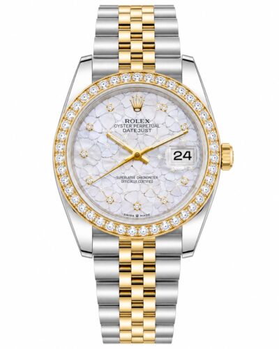 Super Clone Rolex Datejust 36 MM White Floral Diamond Dial Jubilee Bracelet Yellow Gold Two Tone Diamond Bezel
