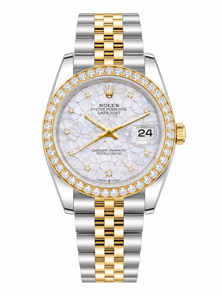 Super Clone Rolex Datejust 36 MM White Floral Diamond Dial Jubilee Bracelet Yellow Gold Two Tone Diamond Bezel