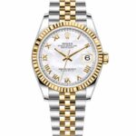 Super Clone Rolex Datejust 36 MM White Mother of Pearl Roman Dial Jubilee Bracelet Two Tone Fluted Bezel