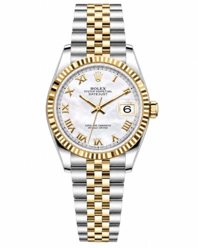 Super Clone Rolex Datejust 36 MM White Mother of Pearl Roman Dial Jubilee Bracelet Two Tone Fluted Bezel