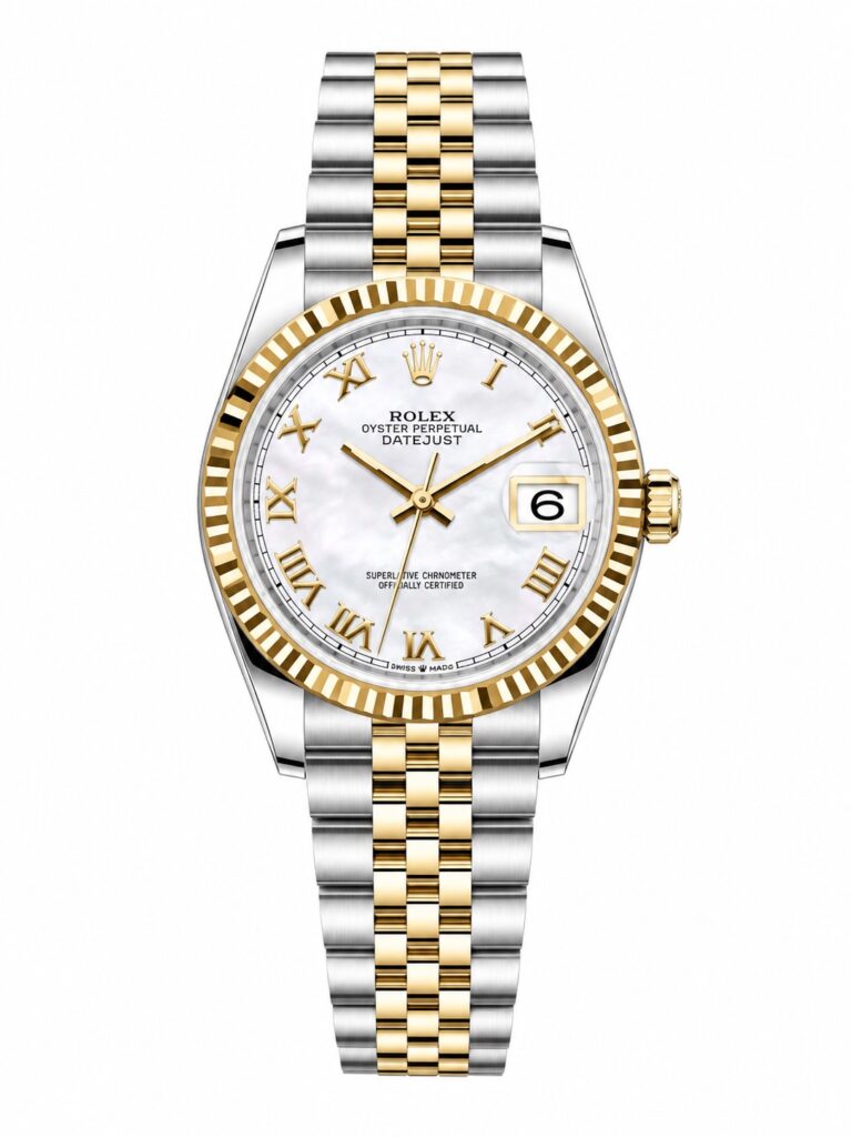 Super Clone Rolex Datejust 36 MM White Mother of Pearl Roman Dial Jubilee Bracelet Two Tone Fluted Bezel