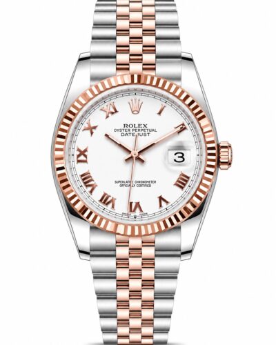 Super Clone Rolex Datejust 36 MM White Roman Dial Jubilee Bracelet Rose Gold Two Tone Fluted Bezel