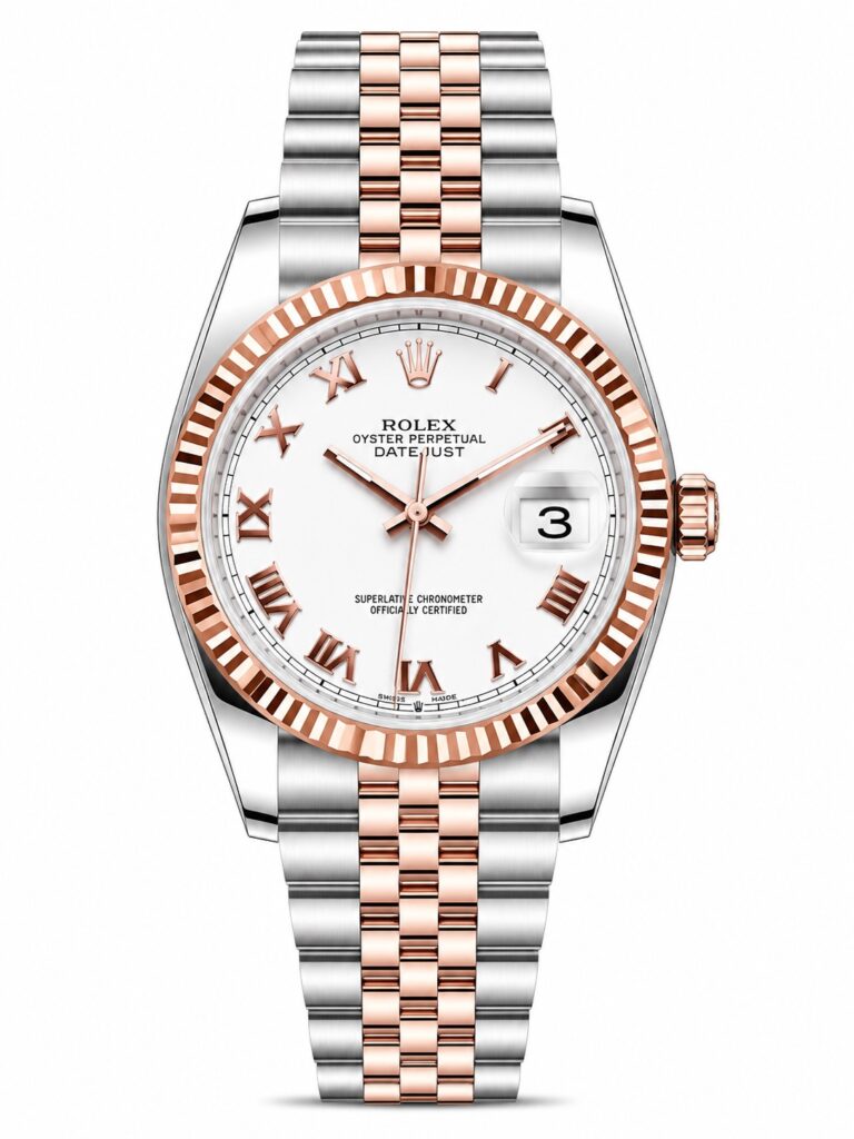 Super Clone Rolex Datejust 36 MM White Roman Dial Jubilee Bracelet Rose Gold Two Tone Fluted Bezel