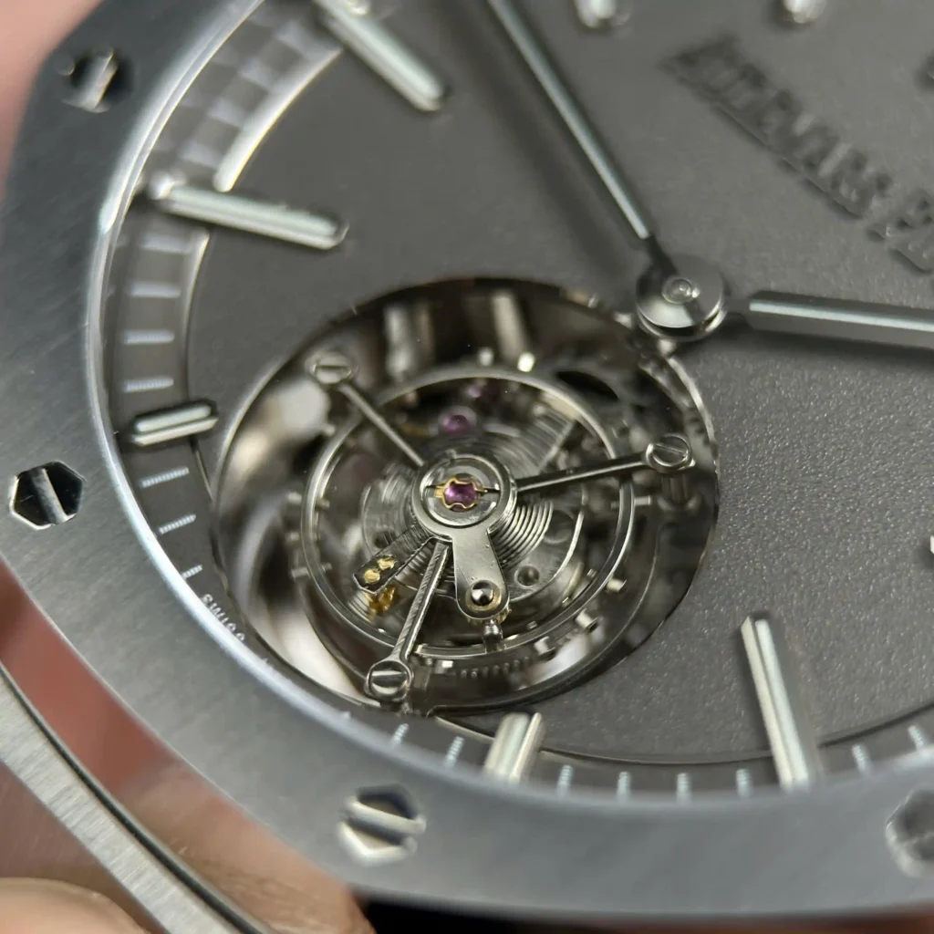 Super Clone Audemars Piguet Royal Oak Flying Tourbillon 26530TI.OO.1220TI.01 41mm – — on leather display