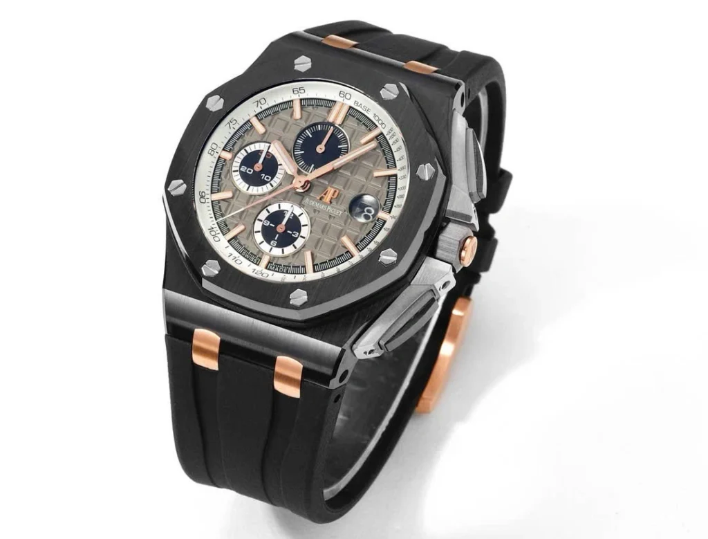 Super Clone Audemars Piguet Royal Oak Offshore Selfwinding Chronograph Black 26415CE 44mm Grey Dial – — case and bezel