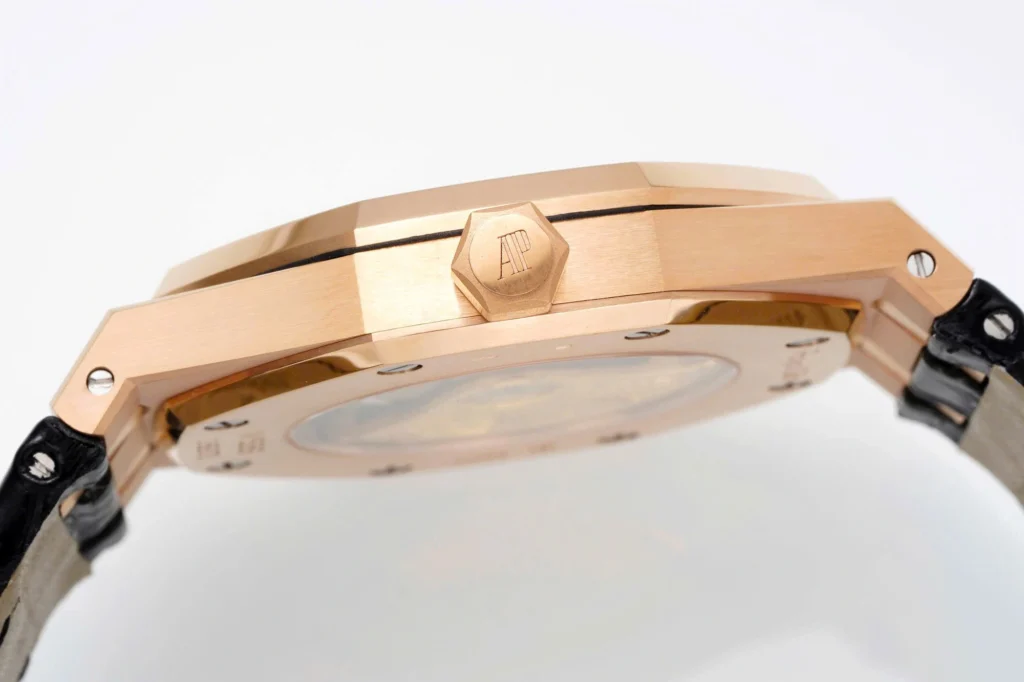 Super Clone Audemars Piguet Royal Oak Selfwinding 15400OR 41mm Rose Gold Steel — on leather display