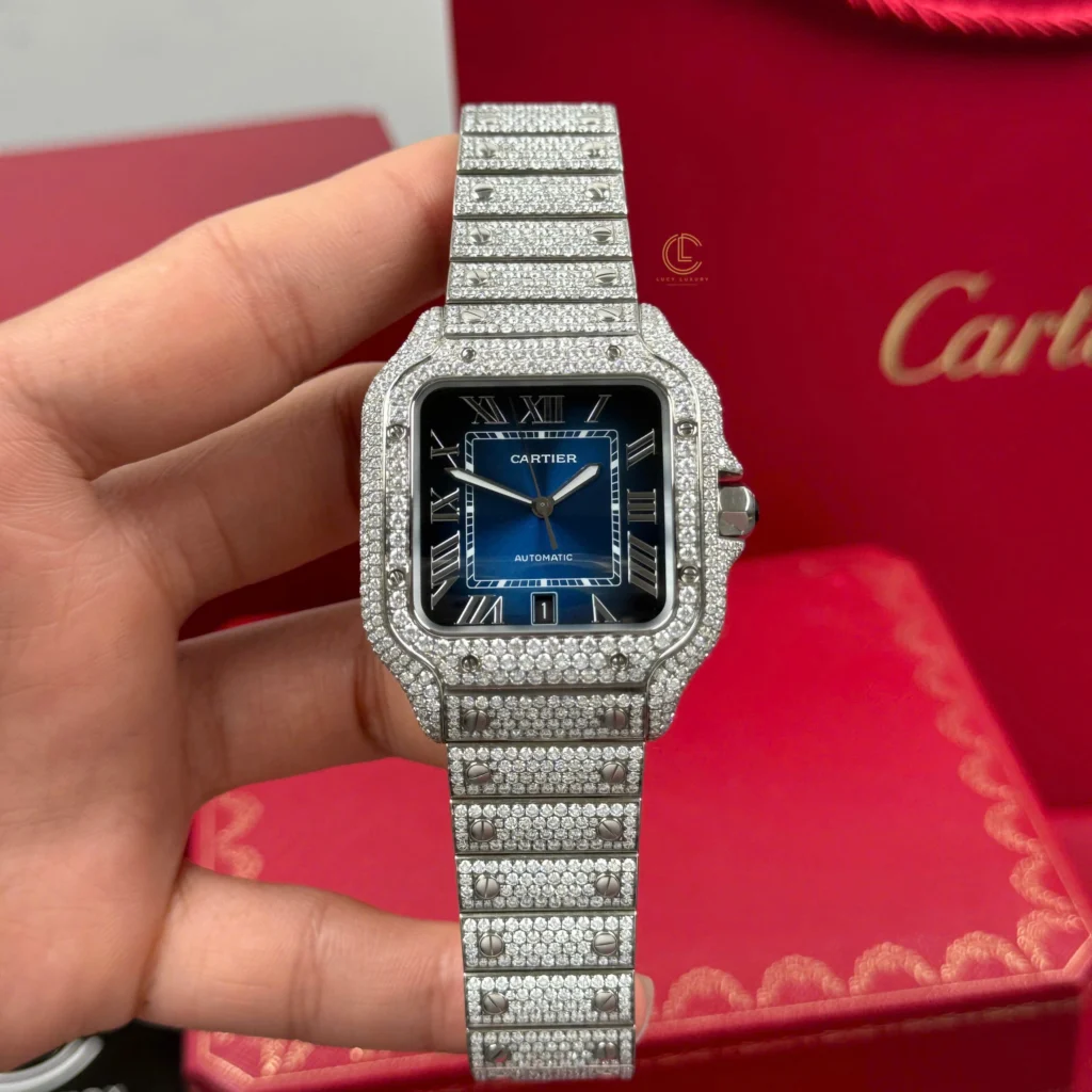 Super Clone Cartier Santos De Cartier 39.8mm Blue Dial Full Moissanite HongKong – Customize Diamod