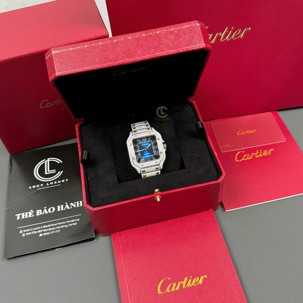 Super Clone Cartier Santos De Cartier 39.8mm Blue Dial Full Moissanite HongKong – Customize Diamod