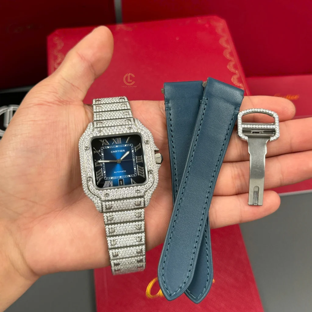 Super Clone Cartier Santos De Cartier 39.8mm Blue Dial Full Moissanite HongKong – Customize Diamod