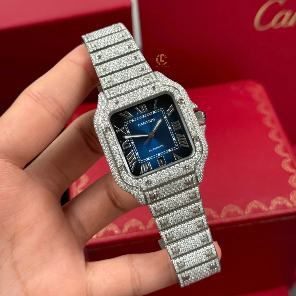 Super Clone Cartier Santos De Cartier 39.8mm Blue Dial Full Moissanite HongKong – Customize Diamod