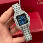 Super Clone Cartier Santos De Cartier 39.8mm Blue Dial Full Moissanite HongKong – Customize Diamod