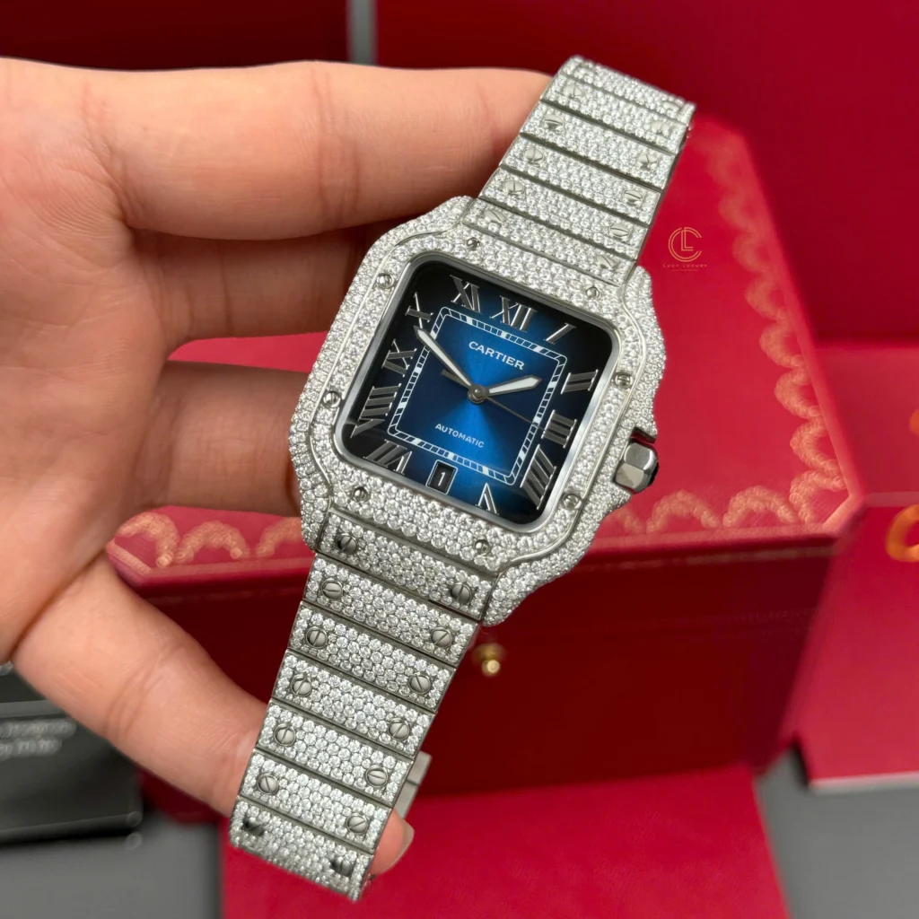 Super Clone Cartier Santos De Cartier 39.8mm Blue Dial Full Moissanite HongKong – Customize Diamod