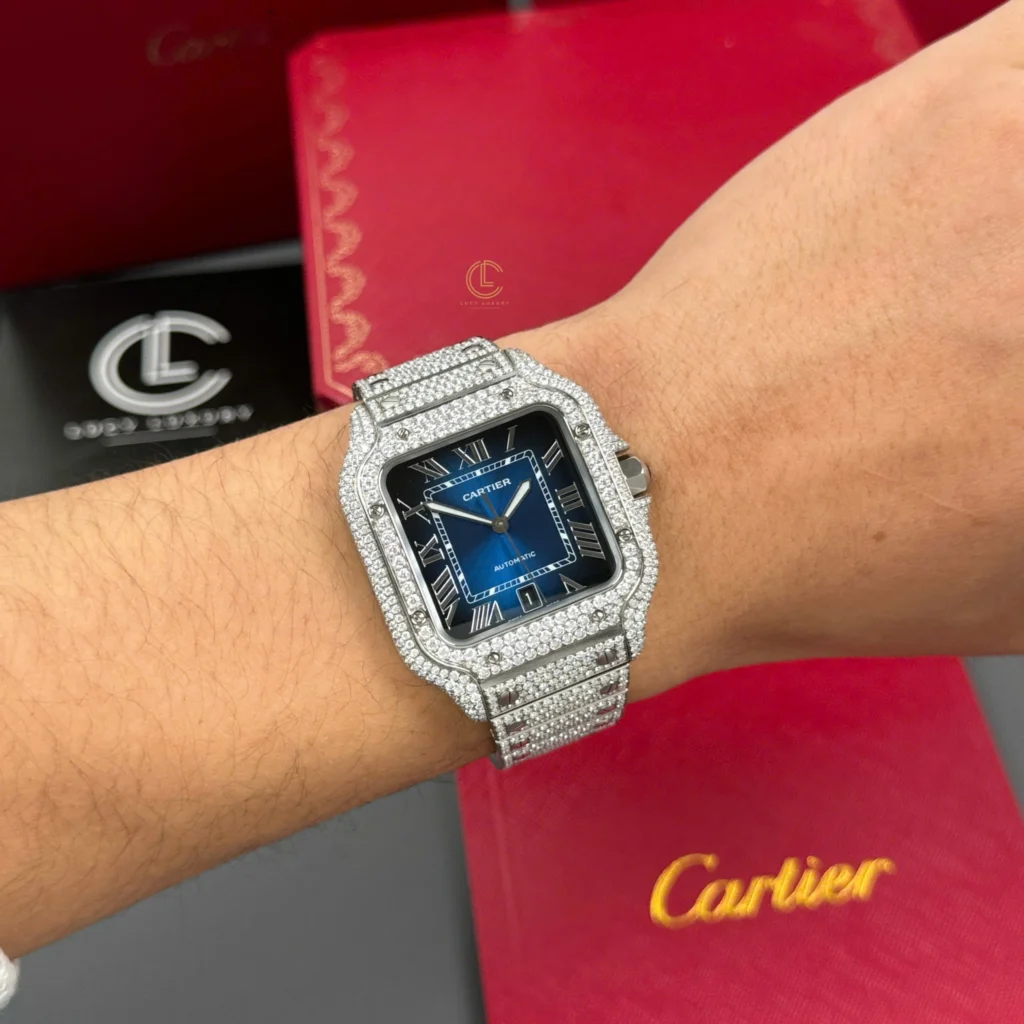 Super Clone Cartier Santos De Cartier 39.8mm Blue Dial Full Moissanite HongKong – Customize Diamod