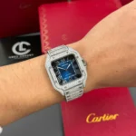 Super Clone Cartier Santos De Cartier 39.8mm Blue Dial Full Moissanite HongKong – Customize Diamod