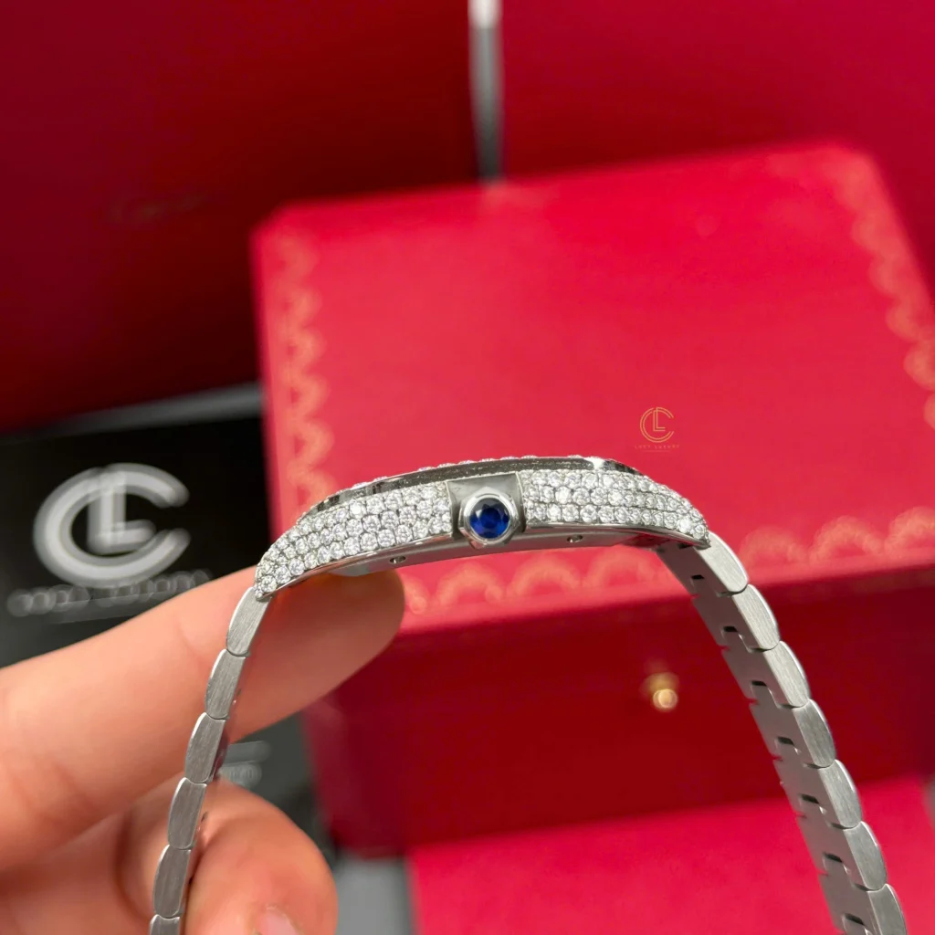 Super Clone Cartier Santos De Cartier 39.8mm Blue Dial Full Moissanite HongKong – Customize Diamod