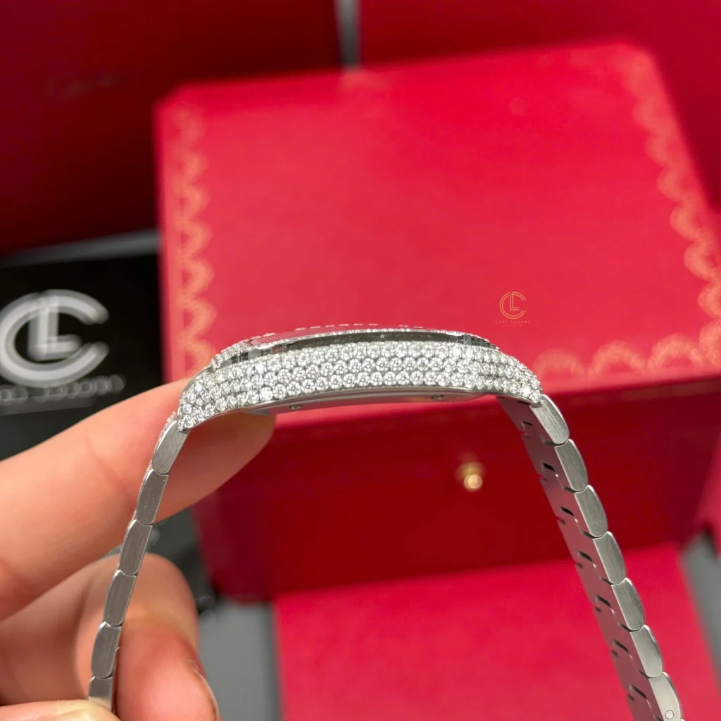Super Clone Cartier Santos De Cartier 39.8mm Blue Dial Full Moissanite HongKong – Customize Diamod