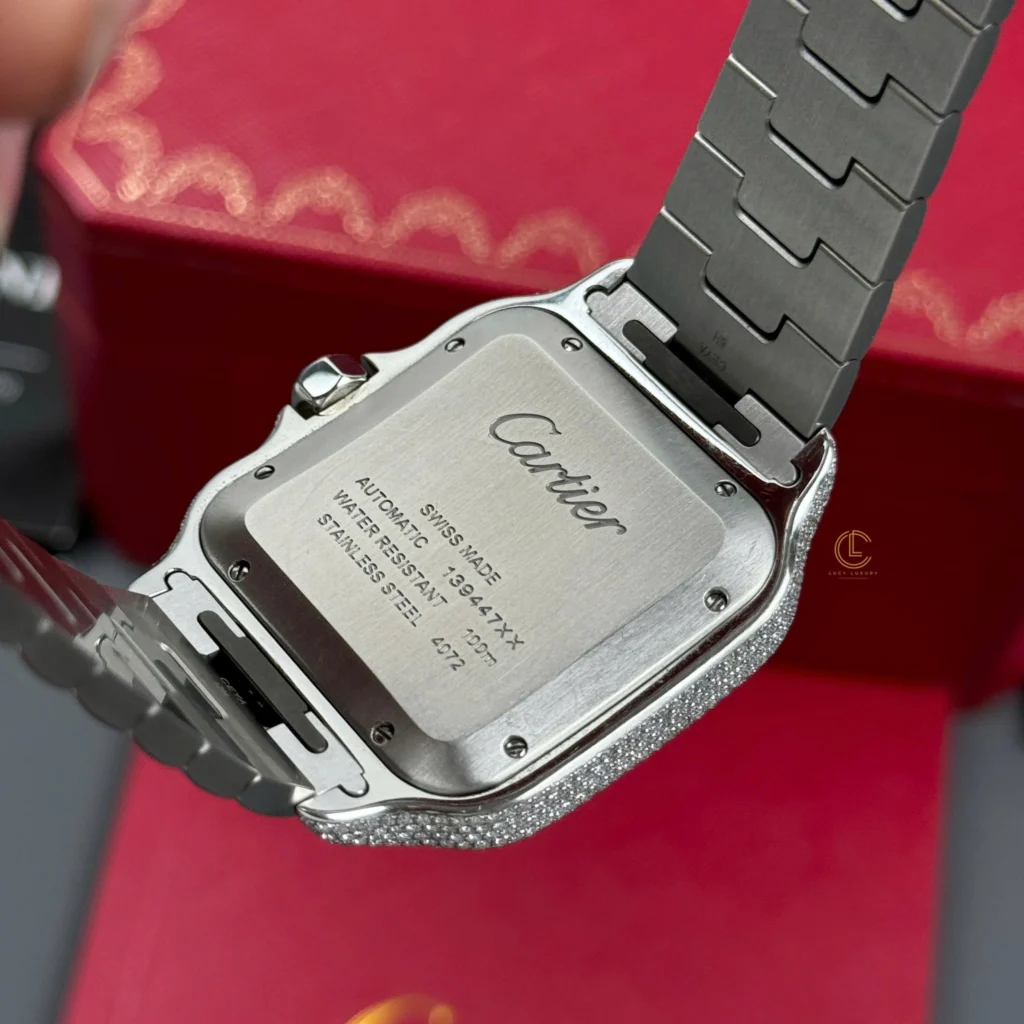 Super Clone Cartier Santos De Cartier 39.8mm Blue Dial Full Moissanite HongKong – Customize Diamod
