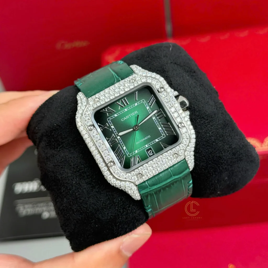 Super Clone Cartier Santos De Cartier WSSA0062 Green Dial Custom Full Moissanite – Handcrafted Diamod