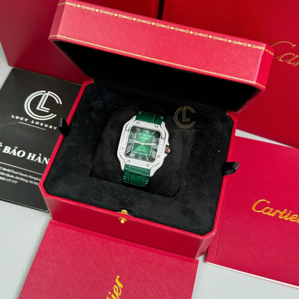 Super Clone Cartier Santos De Cartier WSSA0062 Green Dial Custom Full Moissanite – Handcrafted Diamod