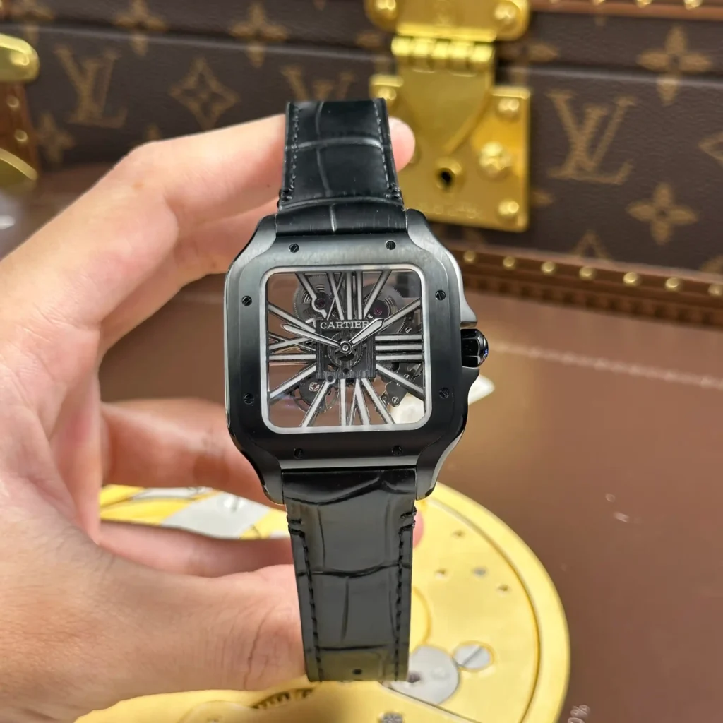 Super Clone Cartier Santos Large Skeleton Black 39mm