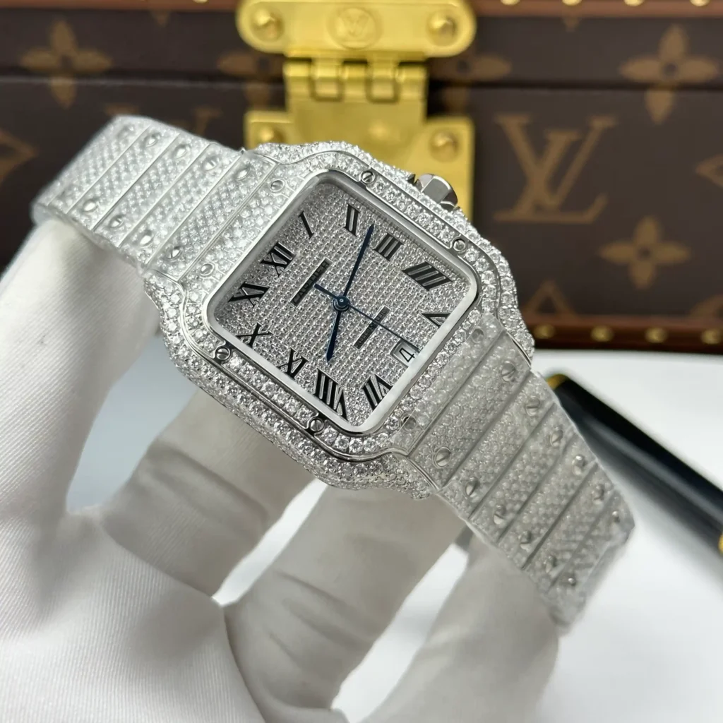 Super Clone Cartier Santos de Cartie Larger Full Diamond 39.8mm – Handcrafted Diamod
