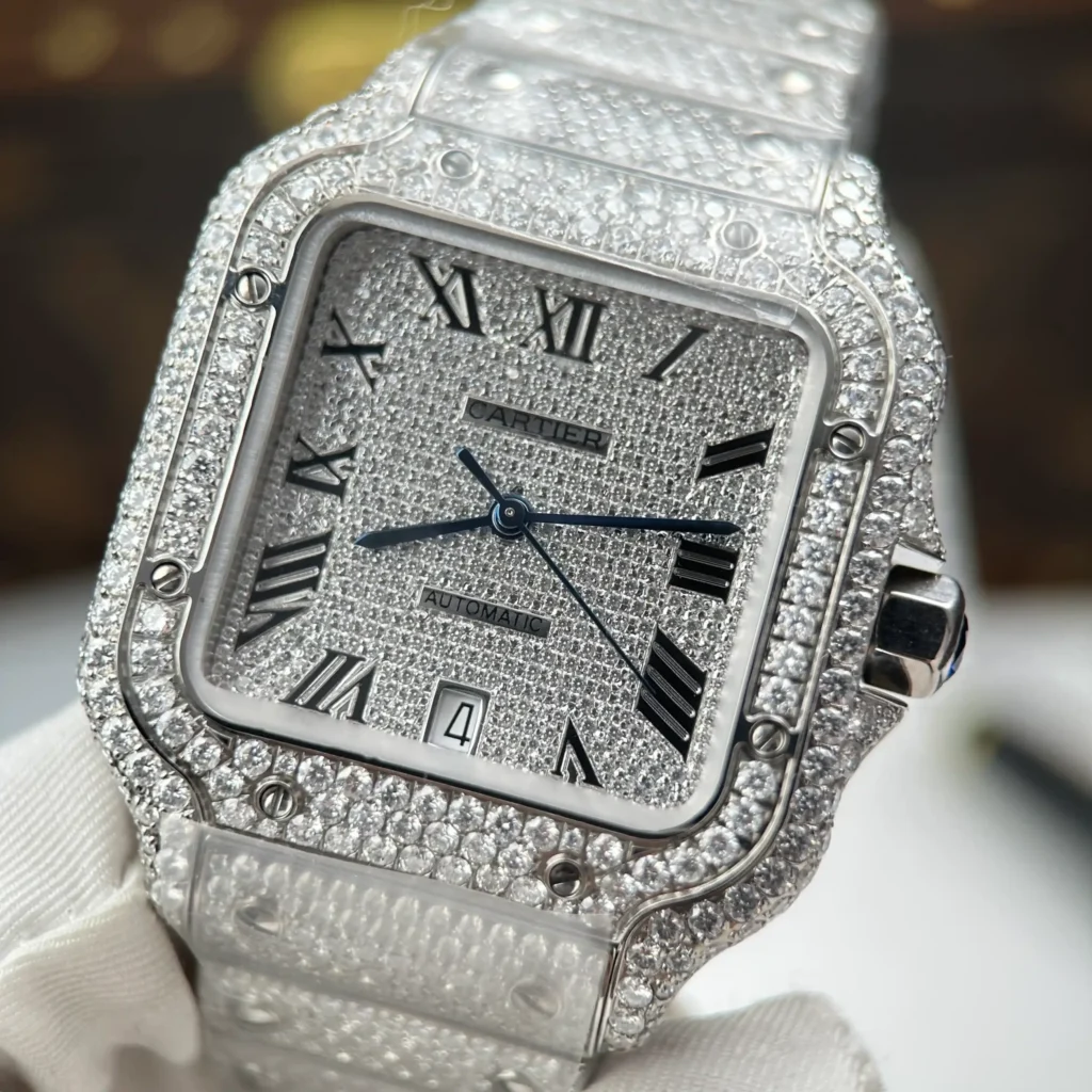 Super Clone Cartier Santos de Cartie Larger Full Diamond 39.8mm – Handcrafted Diamod