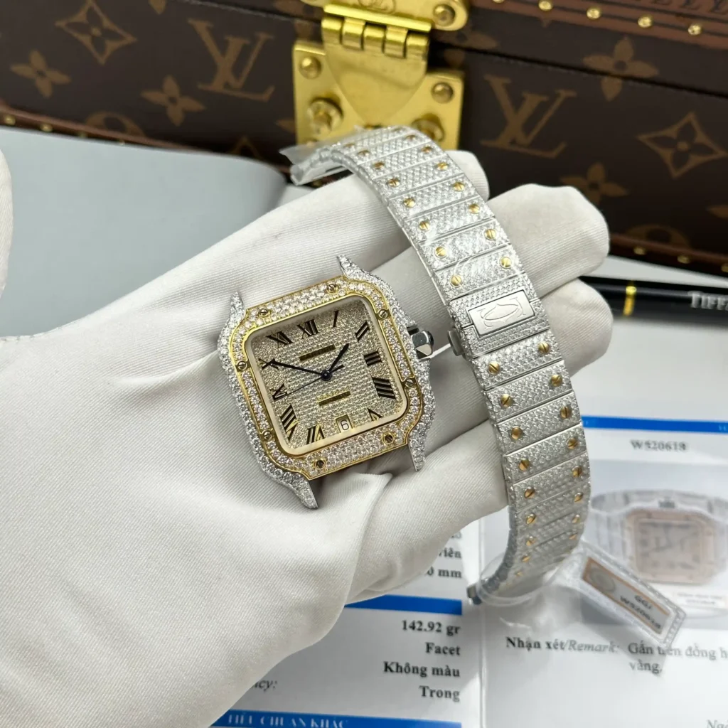 Super Clone Cartier Santos de Cartie Larger Full Diamond Demi Yellow Gold 39.8mm – Handcrafted Diamod
