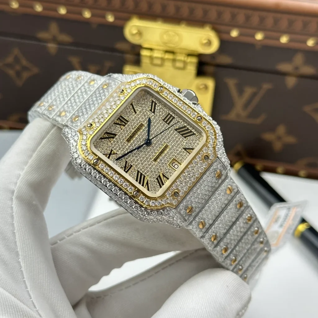 Super Clone Cartier Santos de Cartie Larger Full Diamond Demi Yellow Gold 39.8mm – Handcrafted Diamod