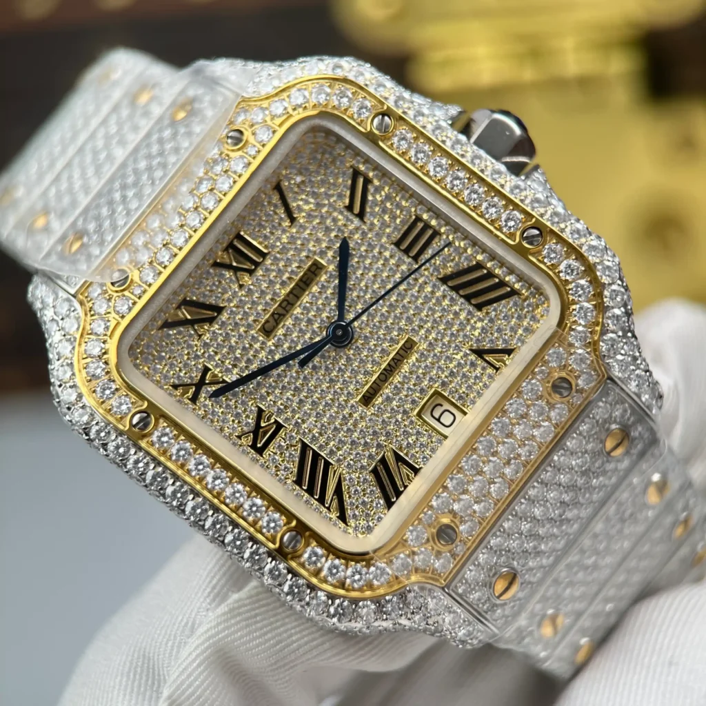 Super Clone Cartier Santos de Cartie Larger Full Diamond Demi Yellow Gold 39.8mm – Handcrafted Diamod