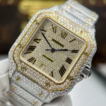 Super Clone Cartier Santos de Cartie Larger Full Diamond Demi Yellow Gold 39.8mm – Handcrafted Diamod