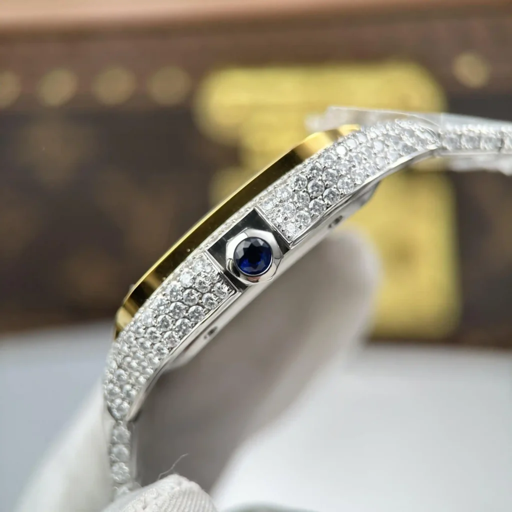 Super Clone Cartier Santos de Cartie Larger Full Diamond Demi Yellow Gold 39.8mm – Handcrafted Diamod