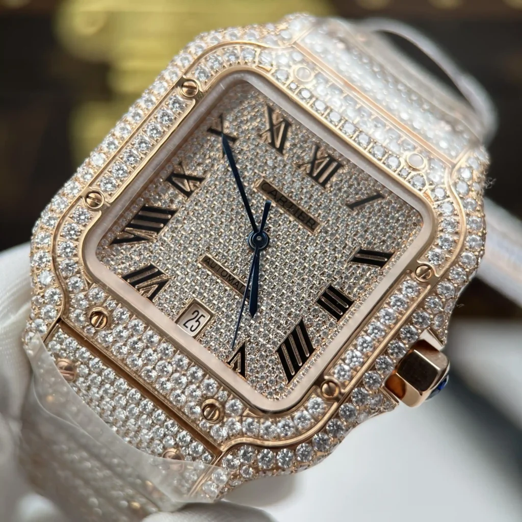 Super Clone Cartier Santos de Cartie Larger Full Diamond Rose Gold 39.8mm – Handcrafted Diamod
