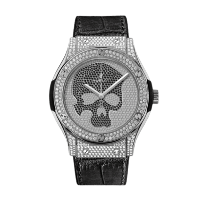 Super Clone Hublot Classic Fusion SKULL Full Diamonds Moissanite Pave 42mm Black Dial – Handcrafted Diamod