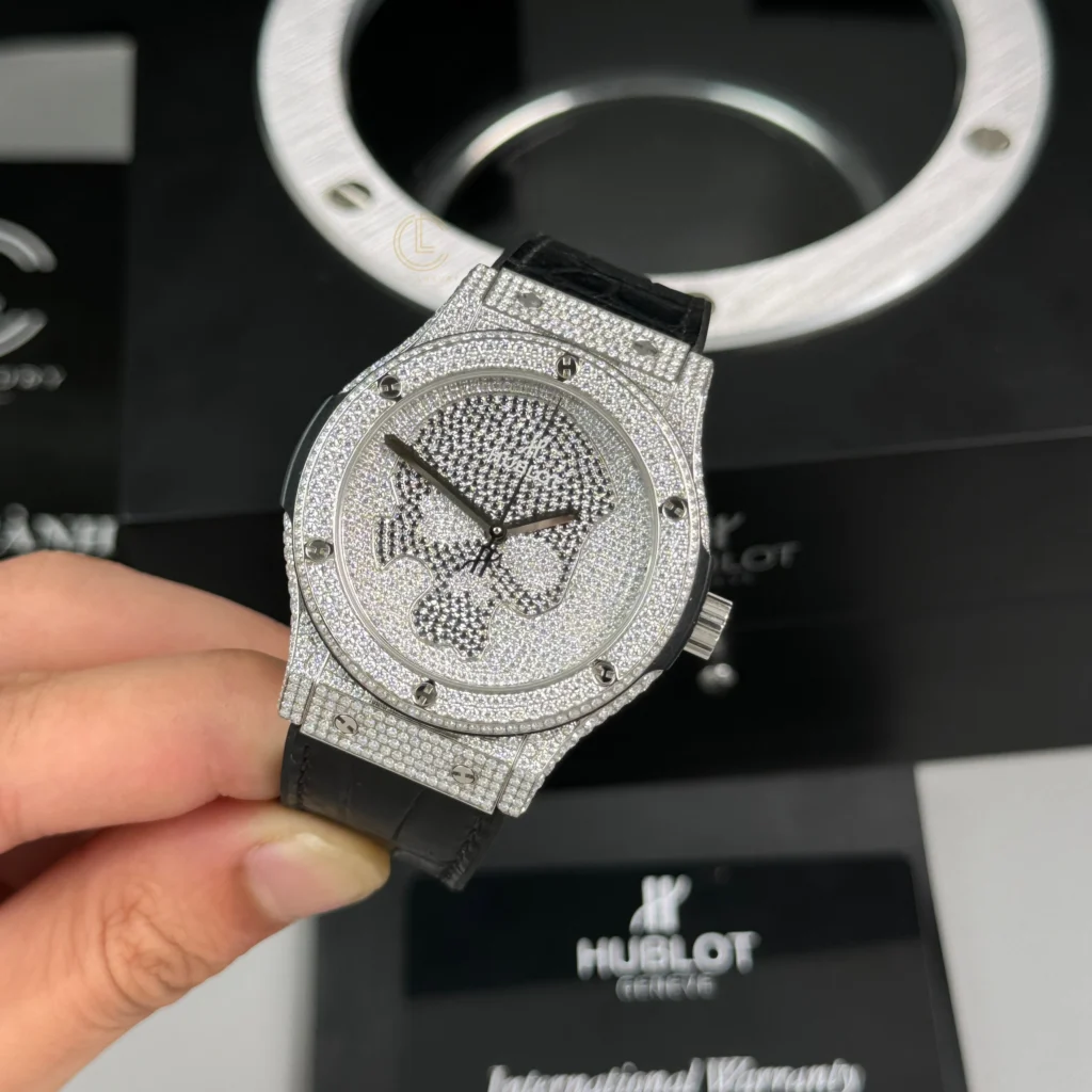 Super Clone Hublot Classic Fusion SKULL Full Diamonds Moissanite Pave 42mm Black Dial – Handcrafted Diamod