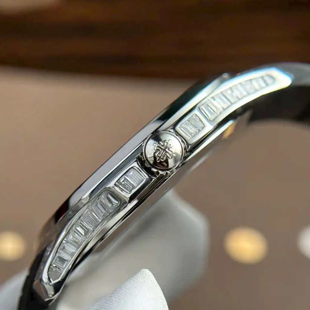 Super Clone Patek Philippe Aquanaut Diamonds 5167/300G-010 40mm – — on leather display