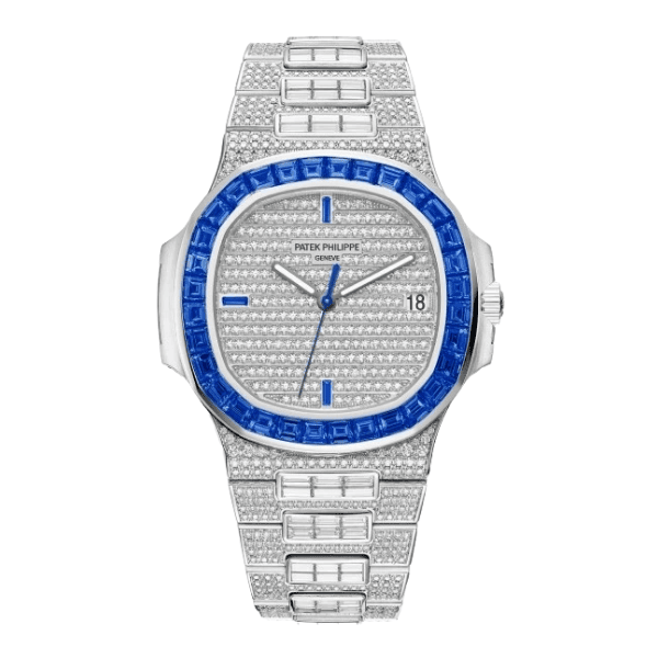 Super Clone Patek Philippe Nautilus 5711/1A 40mm Demi Baugette Blue Full Moissanite HongKong – Customize Diamod