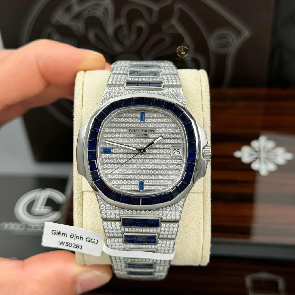 Super Clone Patek Philippe Nautilus 5711/1A 40mm Demi Baugette Blue Full Moissanite HongKong – Customize Diamod