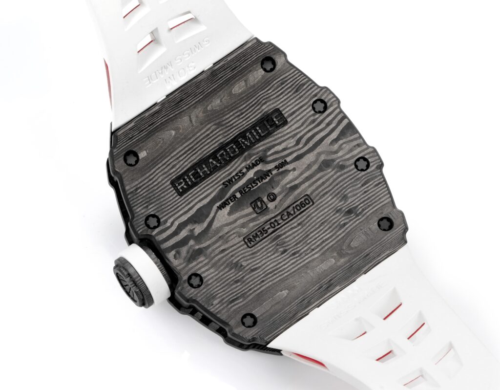 Super Clone Richard Mille RM 35-01 Rafael Nadal Carbon Fiber Velcro Strap — movement / caseback view