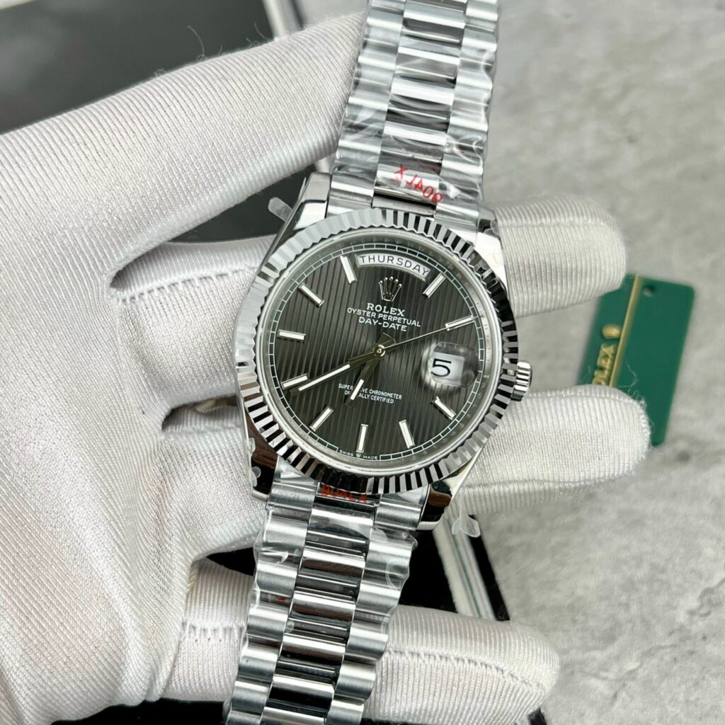 Super Clone Rolex Day-Date Grey Stick Tapestry Dial 228239-0002 40 mm – Swiss SuperClone