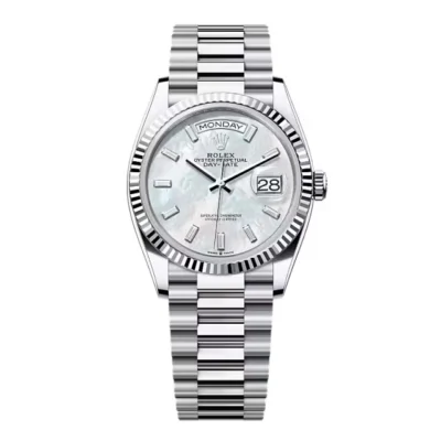 Super Clone Rolex Day-Date White Mother-of-Pearl Diamond Dial 128236-0021 36 mm