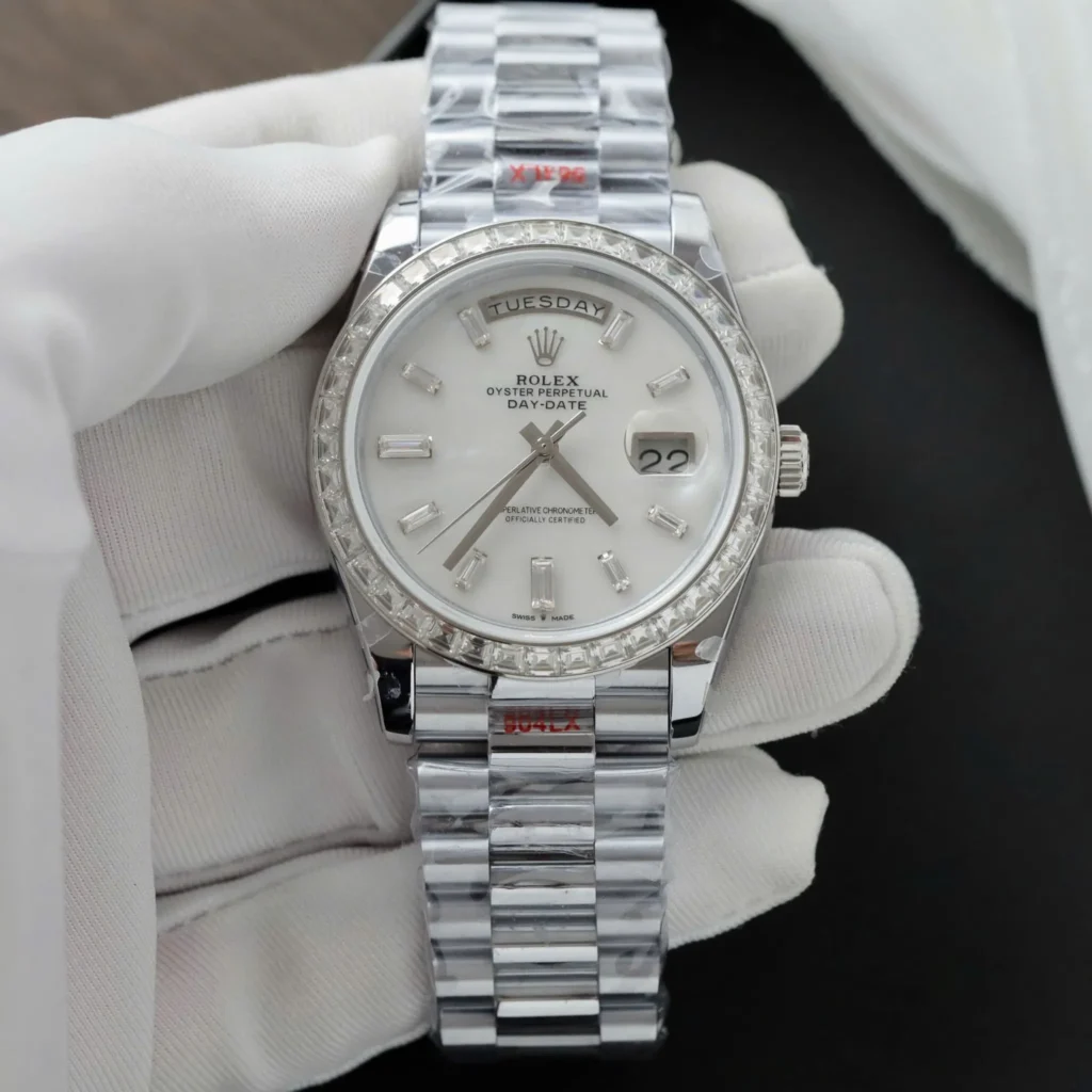 Super Clone Rolex Day-Date White Mother-of-Pearl Diamond Dial 128399tbr-0023 36 mm