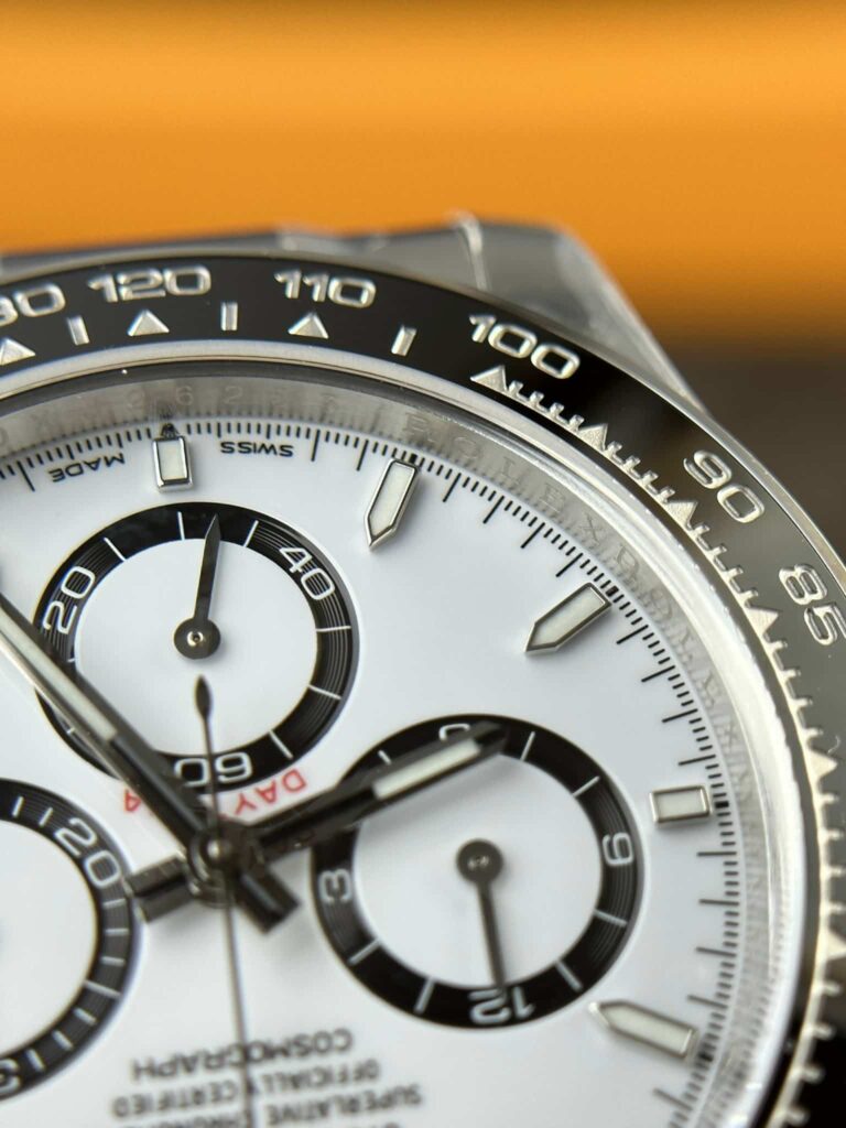 Super Clone Rolex Daytona “Panda” White Dial 126500LN — on leather display