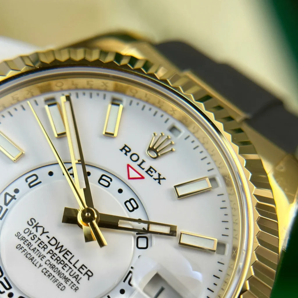 Super Clone Rolex Sky-Dweller Intense white Dial 336238 — on leather display