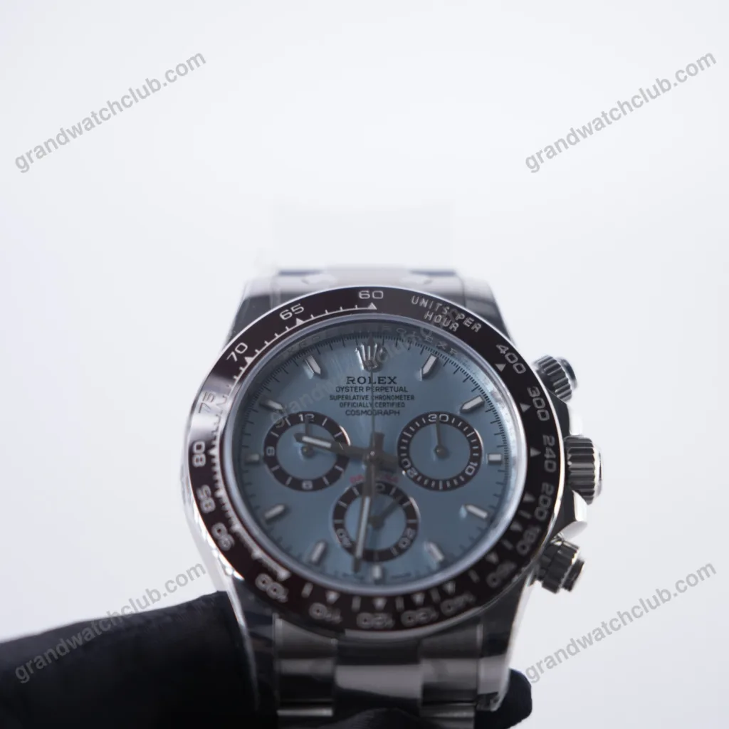 Super Clone Rolex Daytona 126506 “Platona” Open Caseback — on leather display