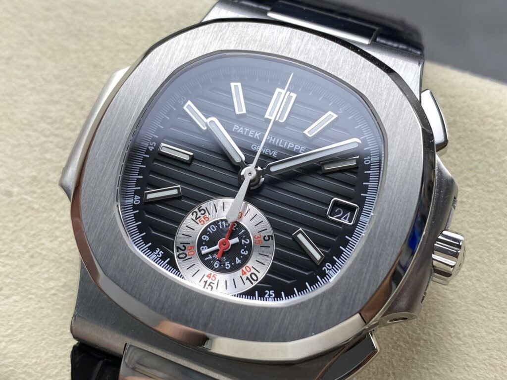 Super Clone Patek Philippe Nautilus Chronograph 5980/1A-014 40.5mm Black Dial with Leather Strap – Swiss SuperClone