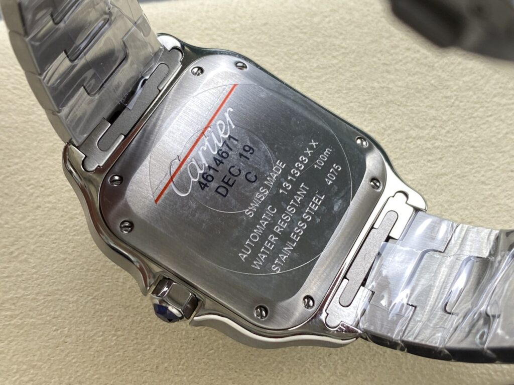 Super Clone Cartier Santos De Cartier Medium Blue WSSA0063 35.5mm – — on leather display