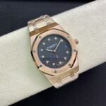 Super Clone Audemars Piguet Royal Oak “Jumbo” Extra-Thin 15207OR.OO.1240OR.01 39mm Black Dial Rose Gold – — on leather display