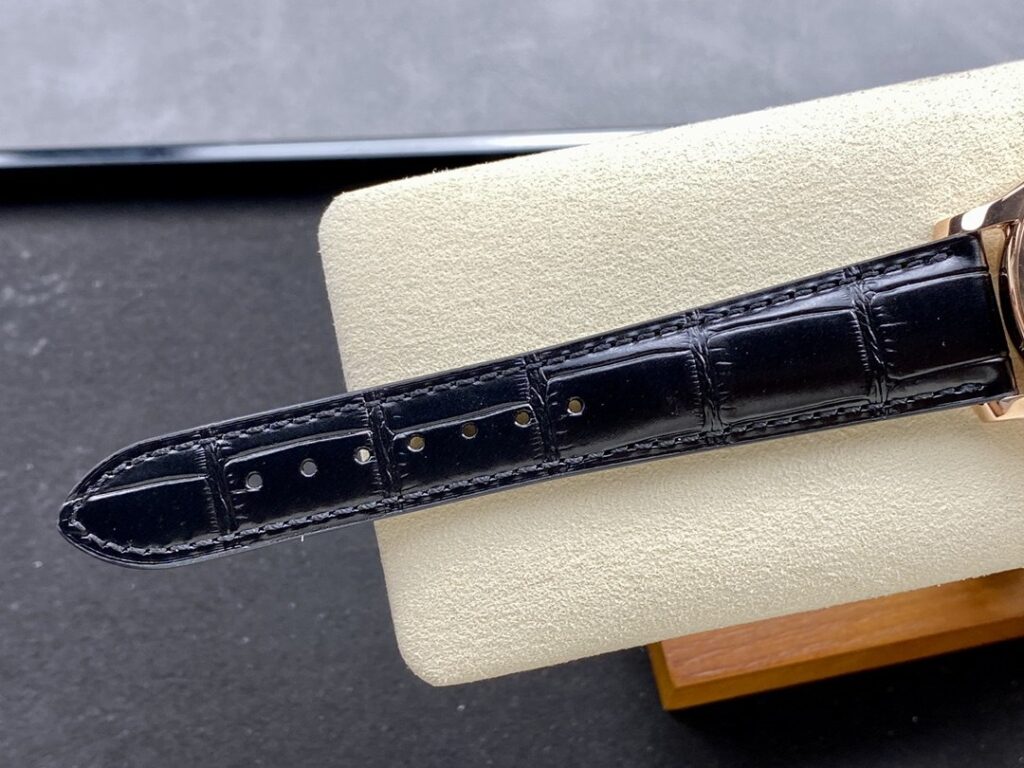 Super Clone Patek Philippe Complications 5205R-011 40mm Green Dial Rose Gold — on leather display