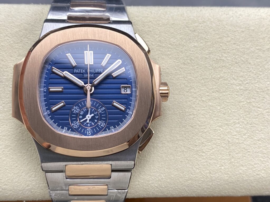 Super Clone Patek Philippe Nautilus Chronograph 5980/1AR-001 40.5mm Blue Dial Rose Gold Demi — dial close-up